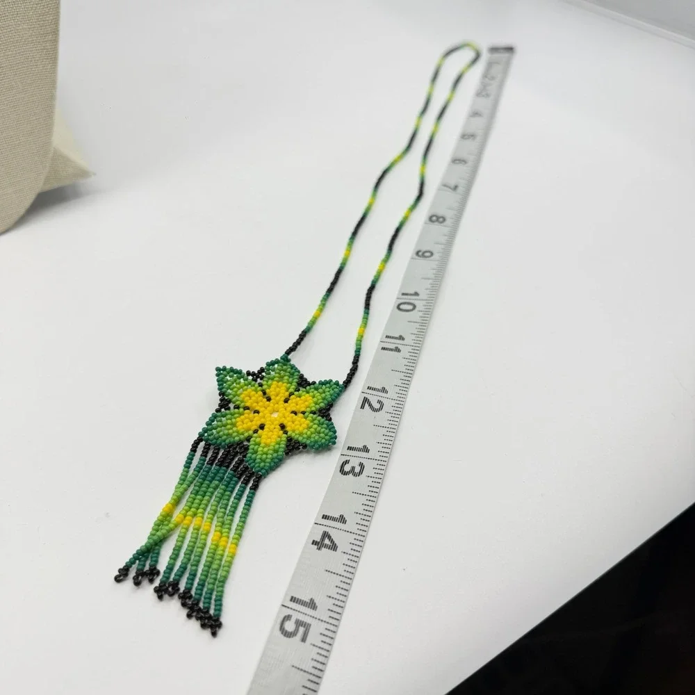 Necklace Green Yellow Seed Bead Floral Fringe Vintage Boho Artisan Statement Bib